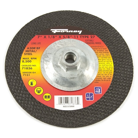 Forney Grinding Wheel, Metal, Type 27, 7 in x 1/8 in x 5/8 in-11 71836